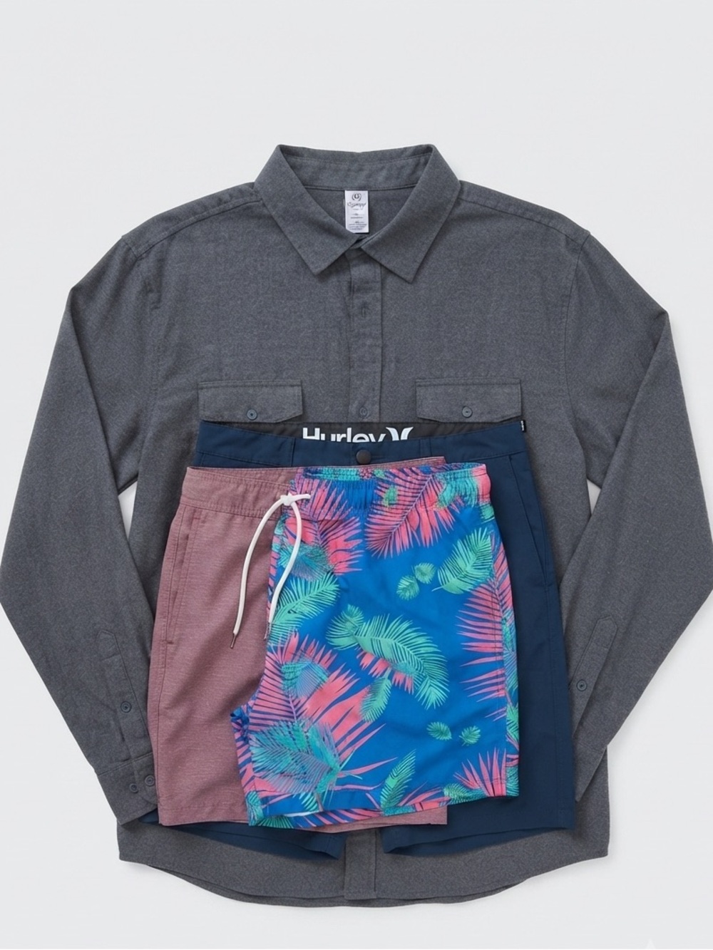 Surf-to-Street Vacation Bundle: Hurley Flannel + 3 Surf Trunks (Size L/31)